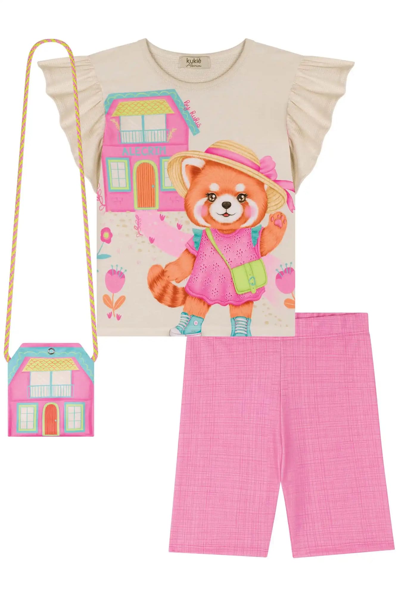 Conjunto Infantil Kukiê Verão com Shorts Rosa Ciclista e Blusa Bege Panda Vermelho com Bolsinha