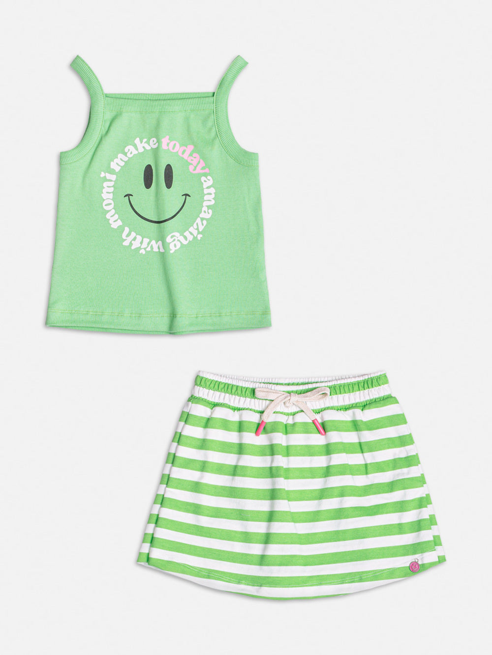 Conjunto Infantil Momi Verão Shorts Saia e Regata Verde Smile