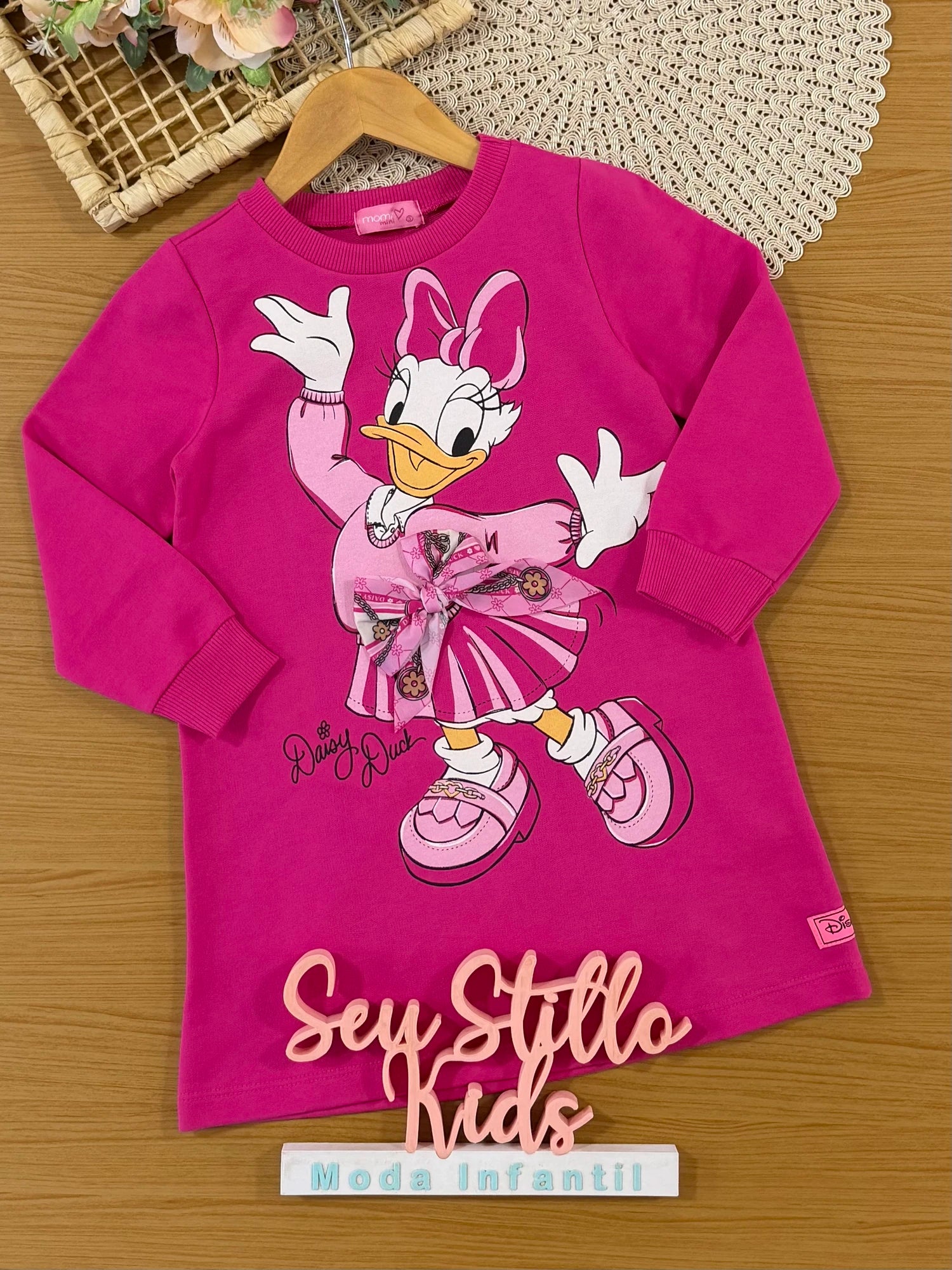 Vestido Infantil Momi Inverno Rosa Daisy Duck Lacinho Disney