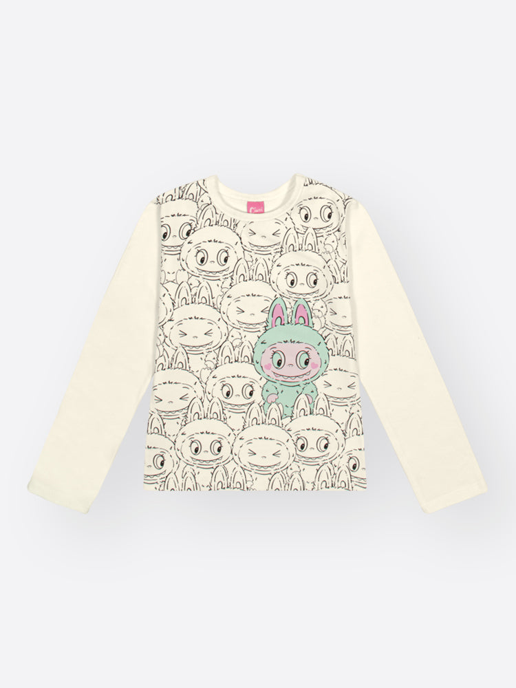 Conjunto Infantil Cinti Inverno com Shorts Saia Verde e Blusa Manga Longa Branca Labubu