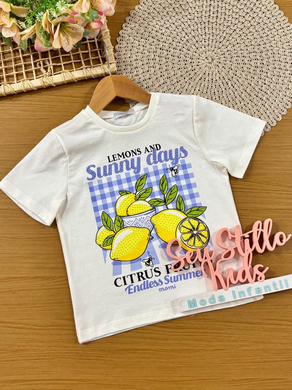 Blusa Infantil Menina Momi Branca Limão Strass