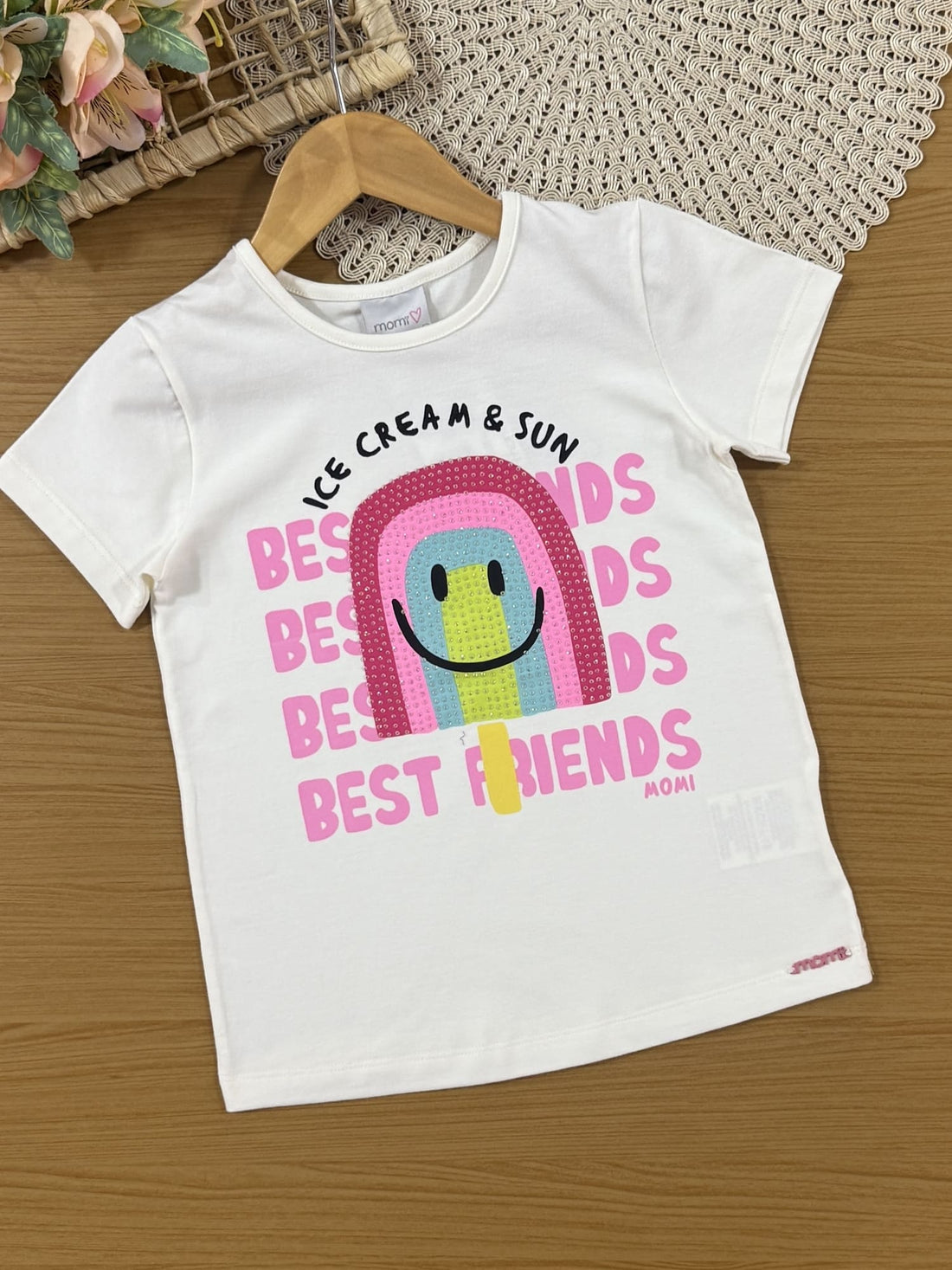 Conjunto Infantil Momi Verão com Shorts Ciclista Rosa e Blusa Branca Sorvetinho