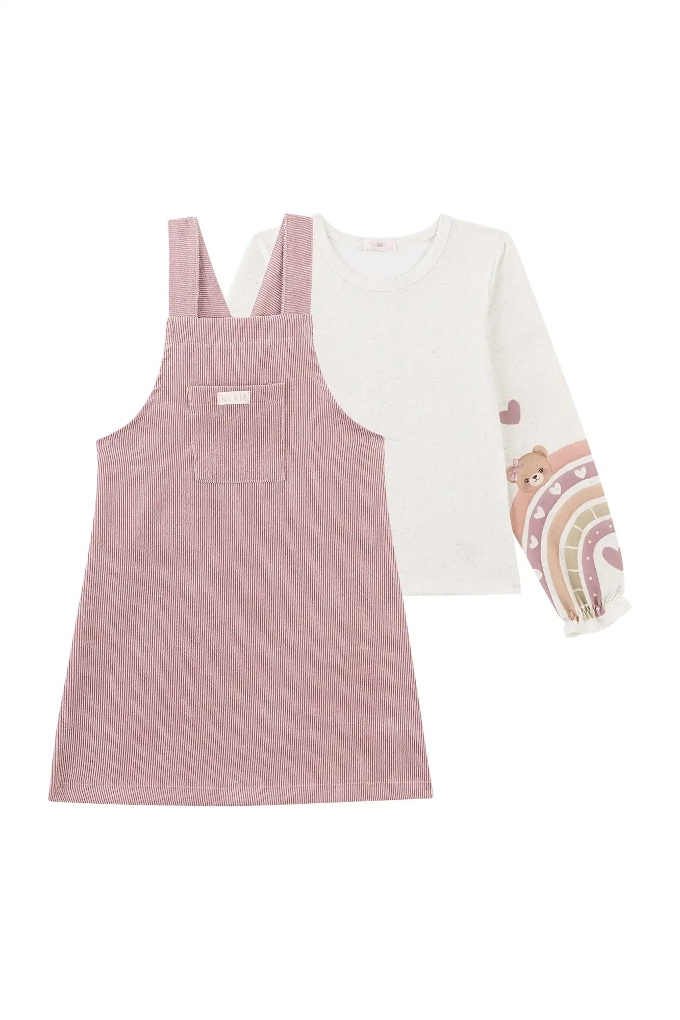 Salopete Infantil Kukiê Inverno Rosa com Blusa Manga Longa Ursinhos
