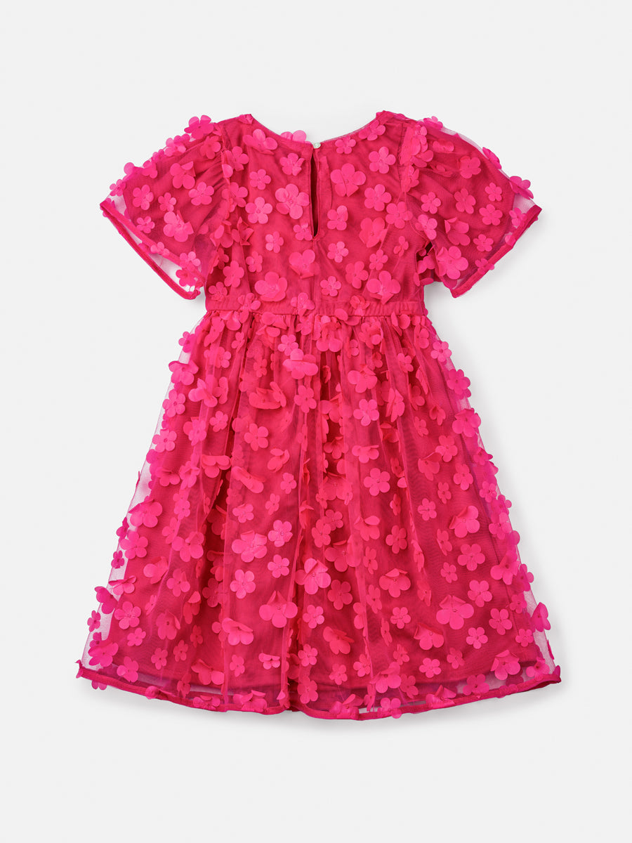 Vestido Infantil Animê Verão Tule Rosa Flores 3D