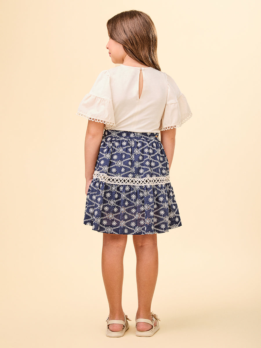 Conjunto Infantil Animê Verão Saia Bordada e Blusa