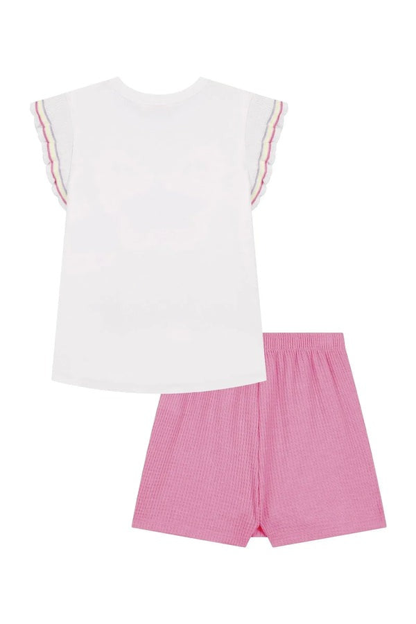 Conjunto Infantil Kukiê Verão com Shorts Saia Rosa e Blusa Branca Borboleta com Strass