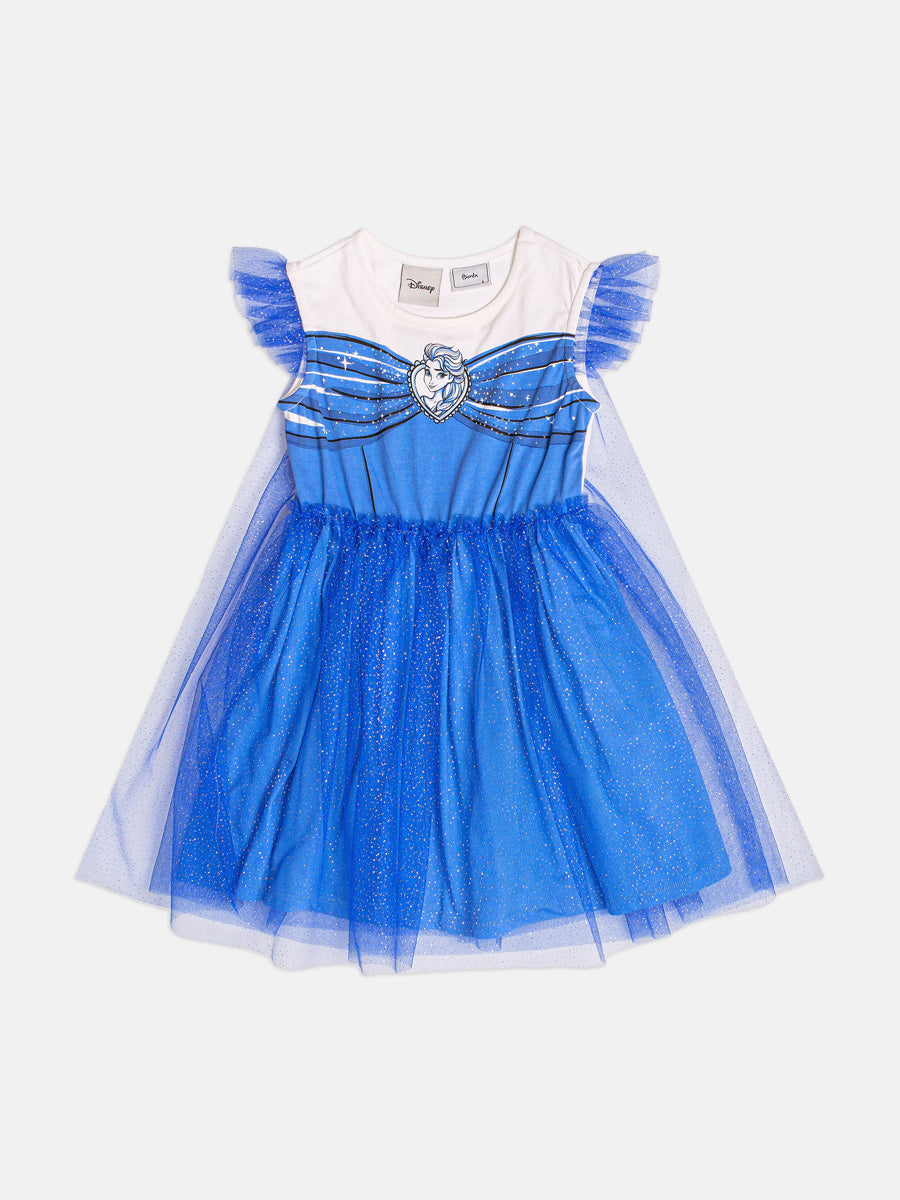 Vestido Infantil Bimbi Inverno Azul com Tule e Glitter Elsa Disney
