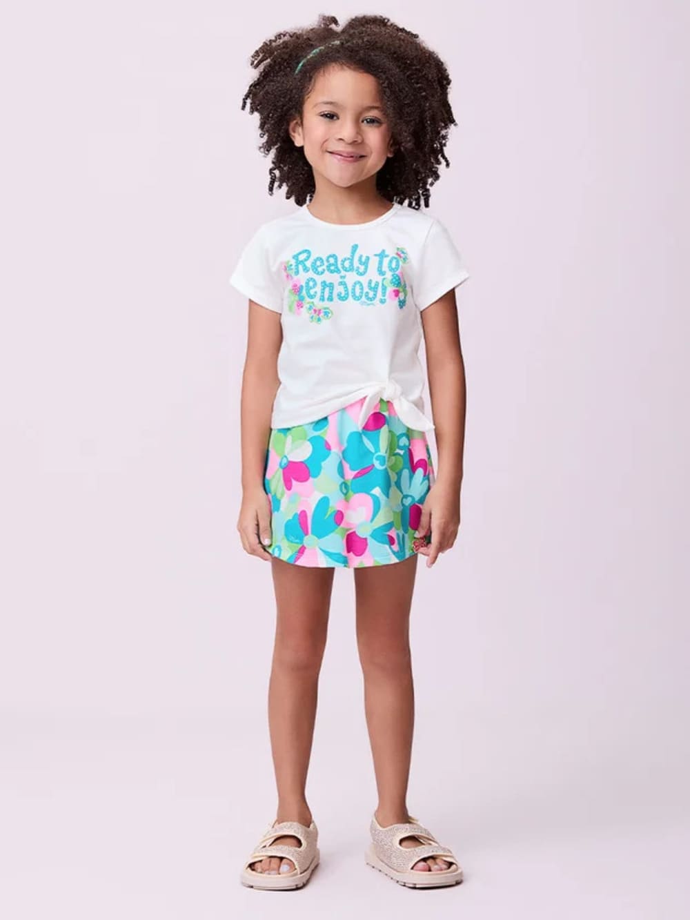Conjunto Infantil Momi Verão Shorts Saia e Blusa Jardim