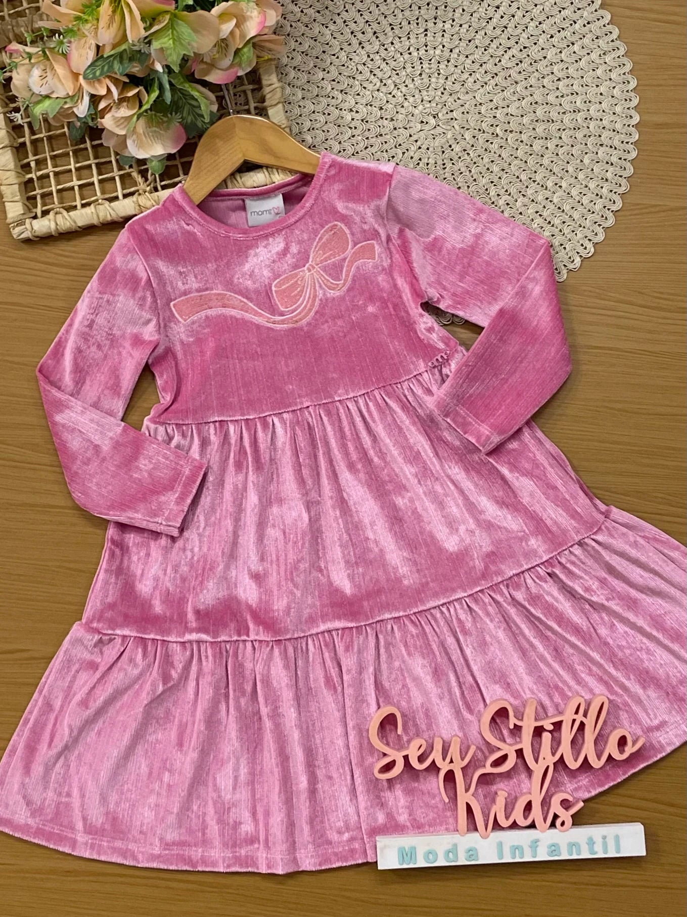 Vestido Infantil Momi Inverno Rosa Lacinho com Bordado