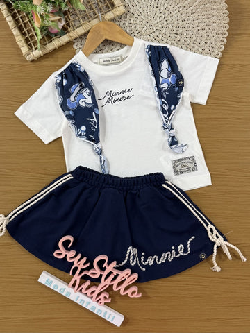 Conjunto Infantil Animê Verão Saia Azul Marinho e Blusa Branca com Laço Minnie Disney