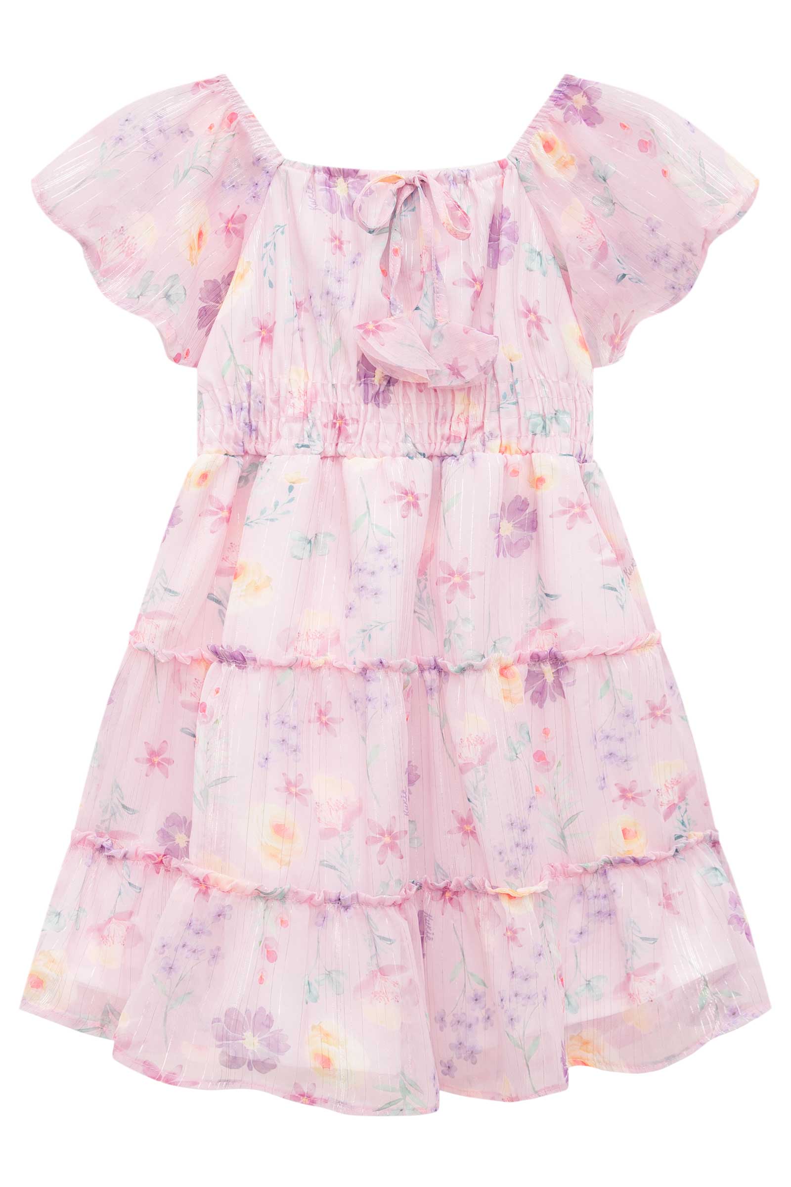 Vestido Infantil Kukie Verão Chiffon Rosa Floral