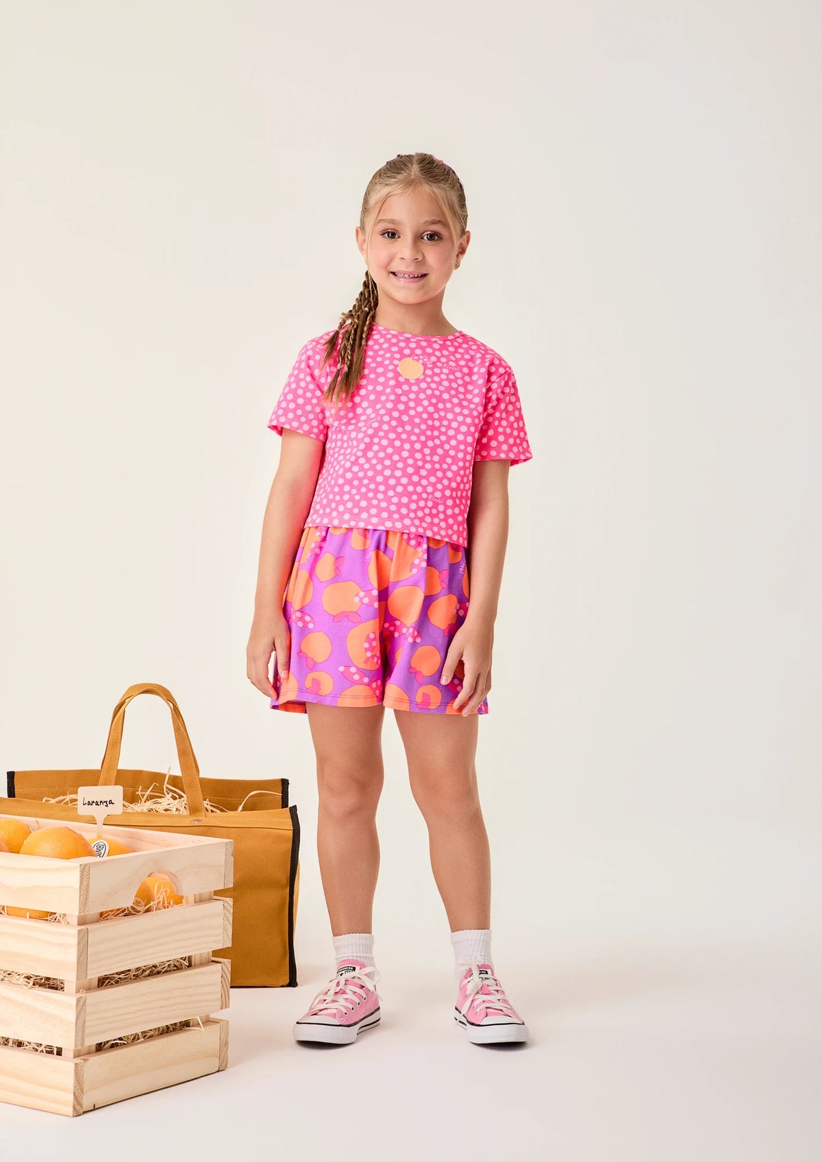 Conjunto Infantil Menina Bimbi Shorts Roxo e Blusa Rosa Poá