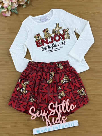 Conjunto infantil Momi Inverno Shorts Saia Vermelho Blusa Manga Longa Urso Enjoy