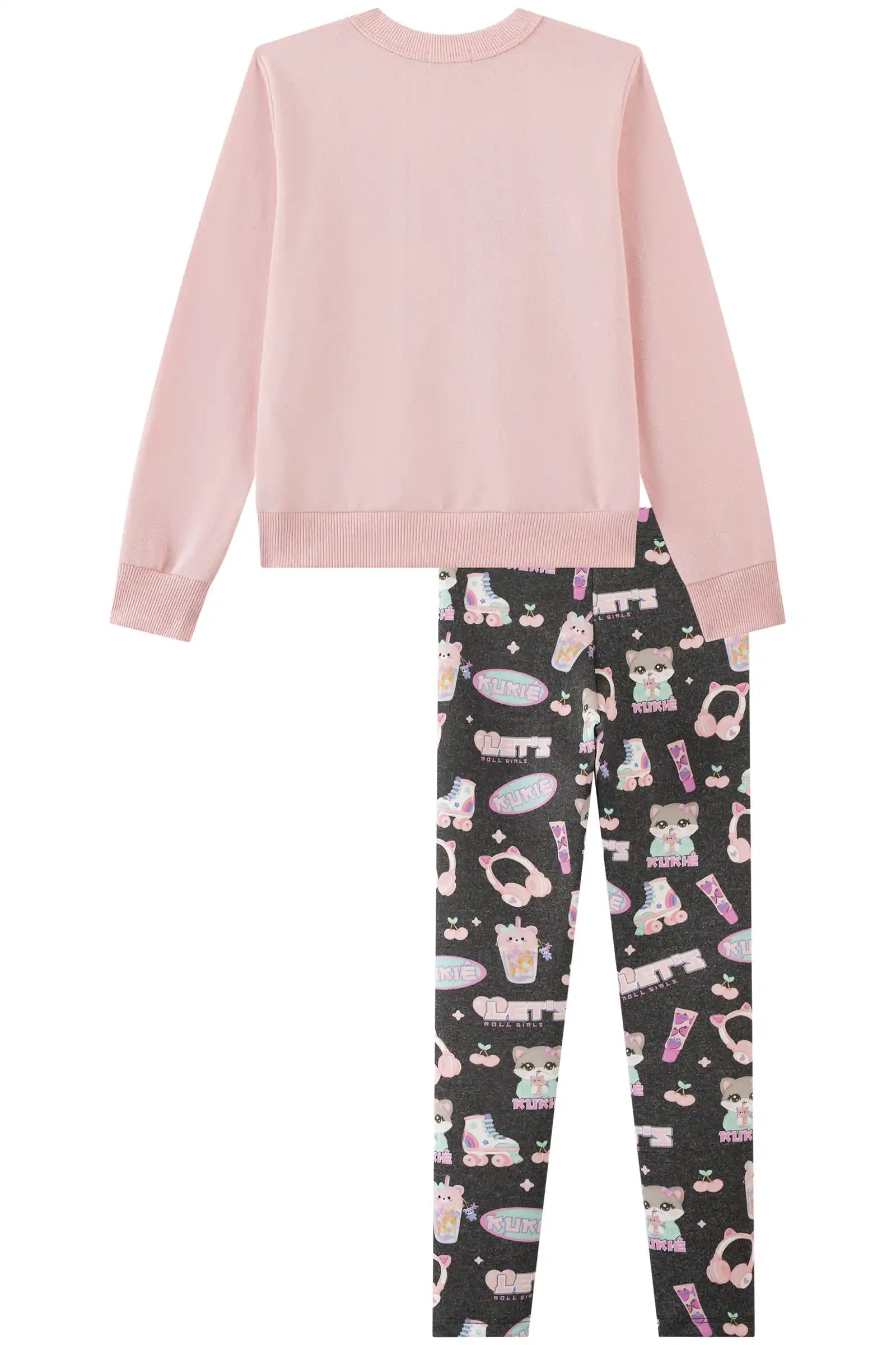 Conjunto Infantil Kukiê Inverno com Calça Legging e Moletom Sem Flanela Rosa Gatinha