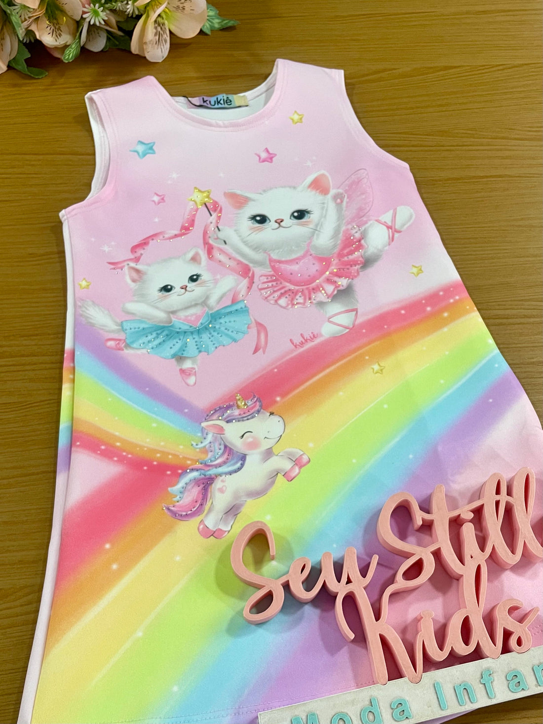 Vestido Infantil Kukie Verão Rosa Arco-íris