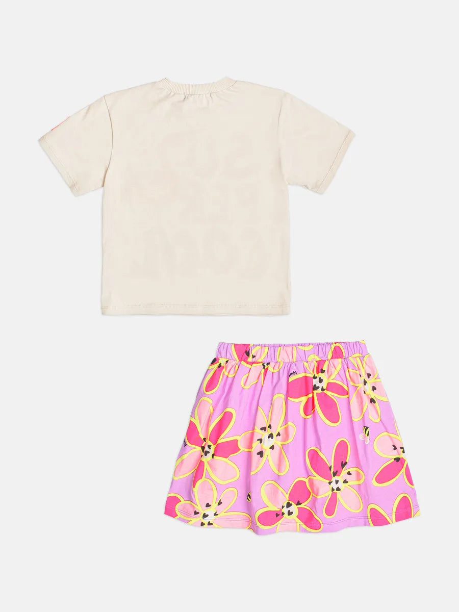 Conjunto Infantil Menina Bimbi Saia Roxa e Blusa Bege Flamingo
