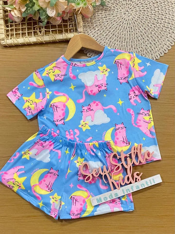 Pijama Infantil Menina Bimbi com Shorts e Blusa Azul Gatinhos