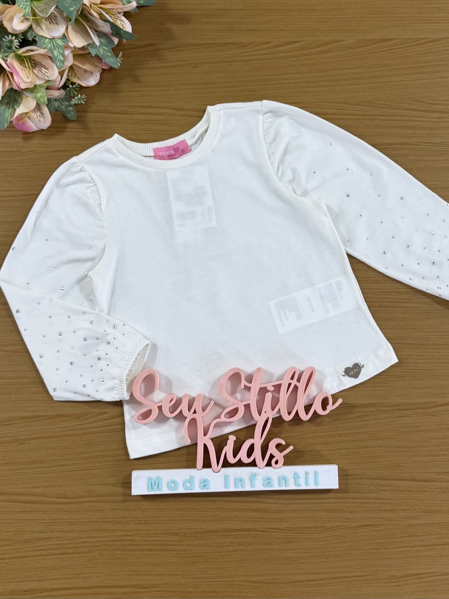 Blusa Infantil Momi Inverno Manga Longa Off White com Strass