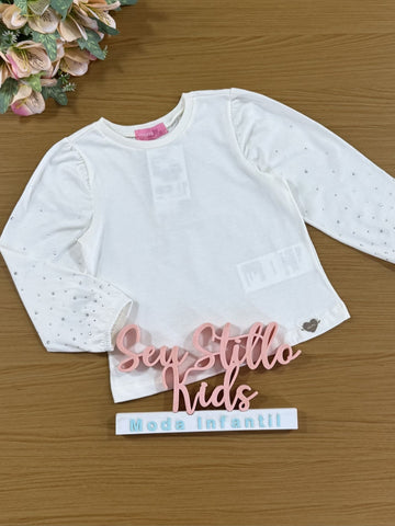 Blusa Infantil Momi Inverno Manga Longa Off White com Strass