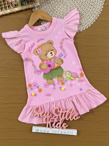 Vestido Infantil Kukiê Verão Rosa Ursinha Musical