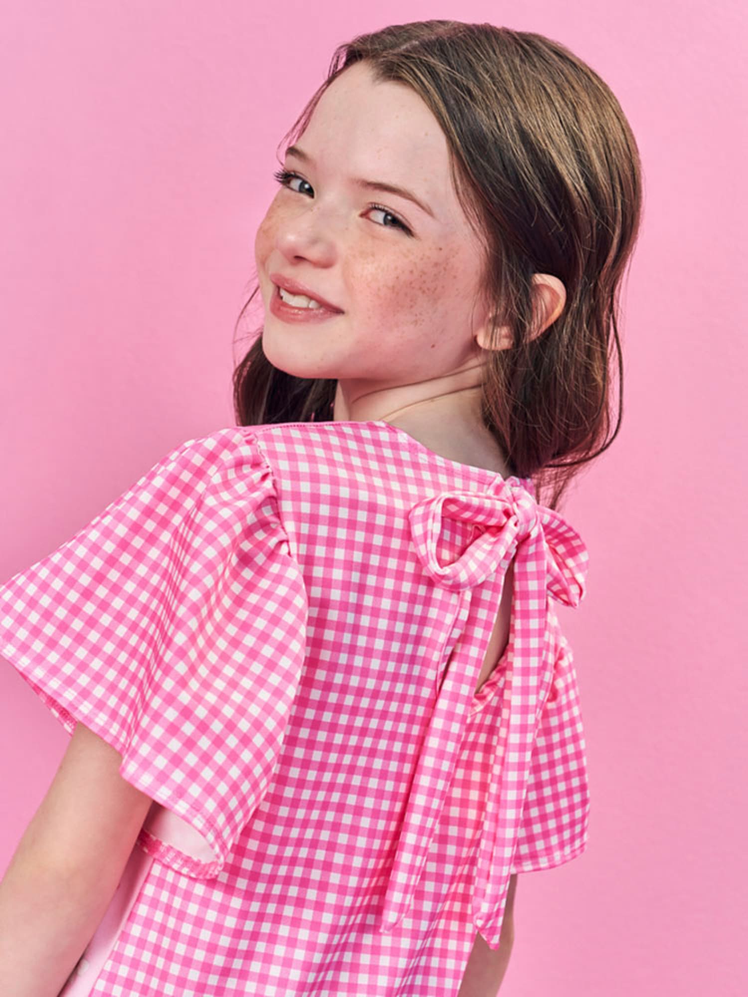 Vestido Infantil Cinti Verão Manga Curta Rosa Xadrez Ursinha Floral