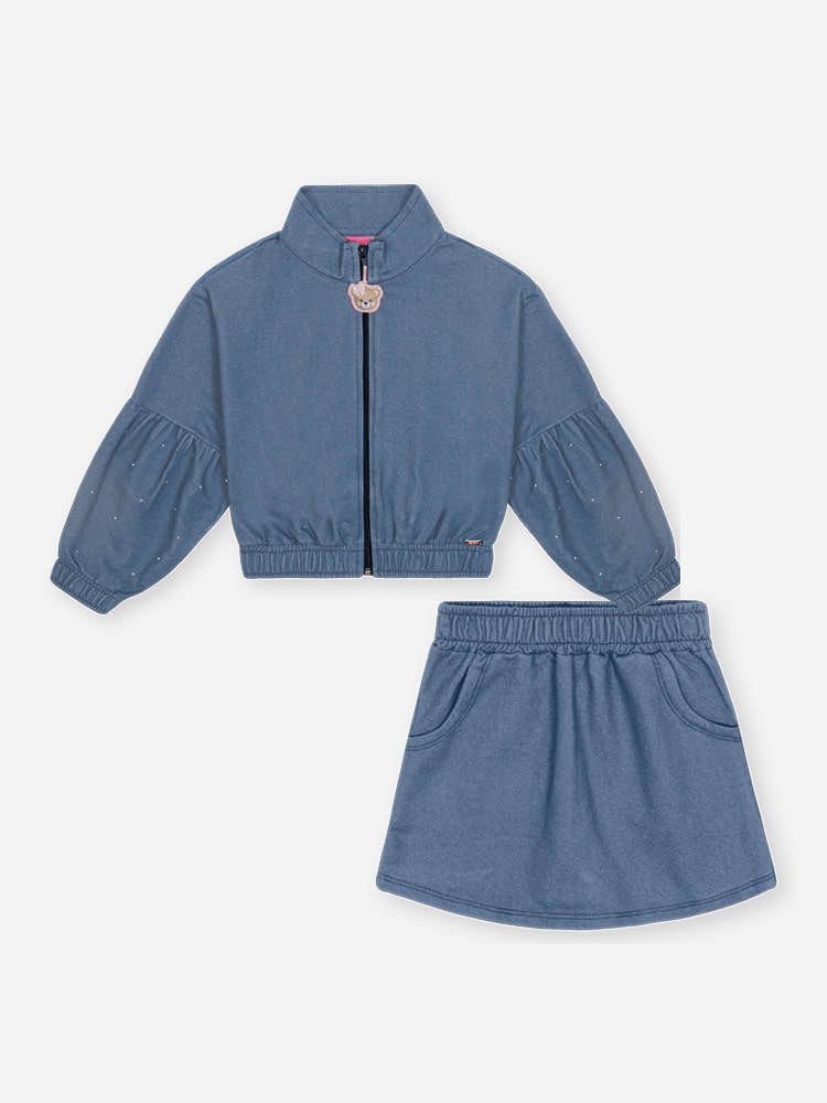Conjunto Infantil Cinti Inverno com Shorts-Saia e Jaqueta Azul Ursinha Brilhos