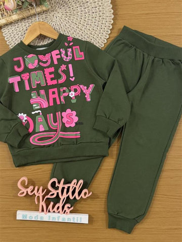 Conjunto Infantil Bimbi Inverno com Calça e Moletom Flanelado Verde Happy