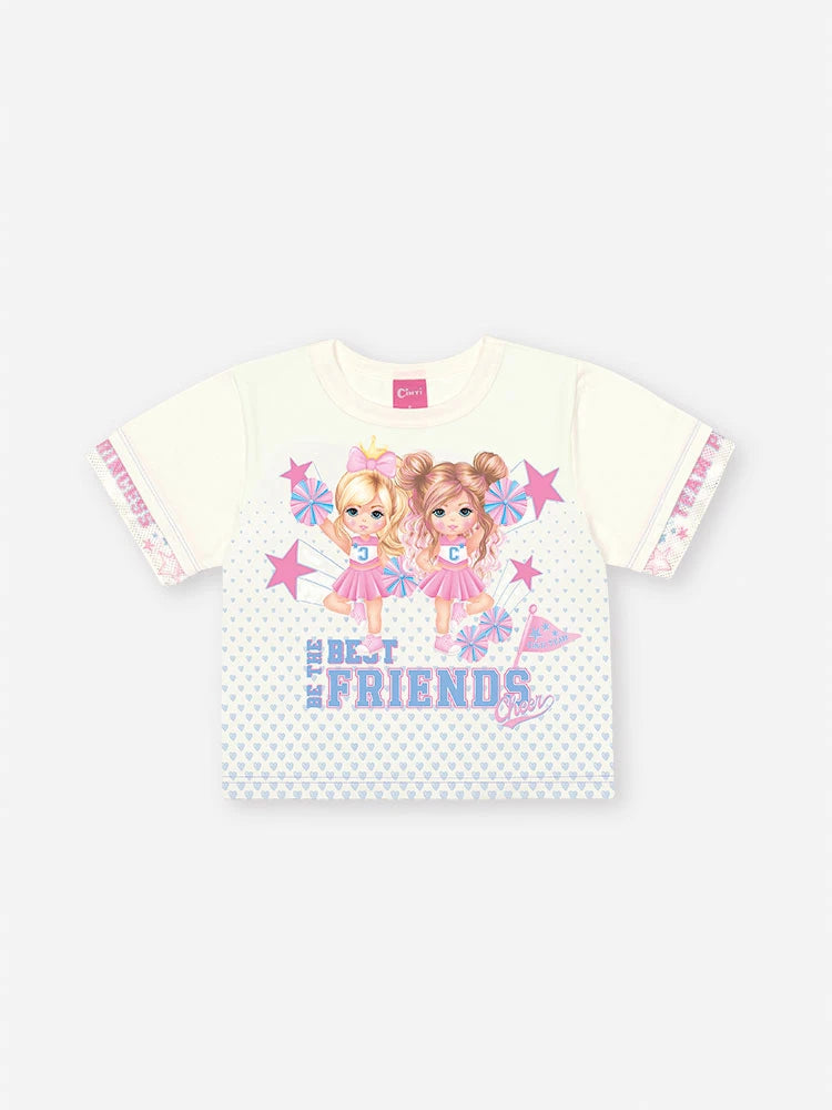 Conjunto Infantil Cinti Verão com Shorts Saia Azul e Blusa Lider de Torcida Best Friends