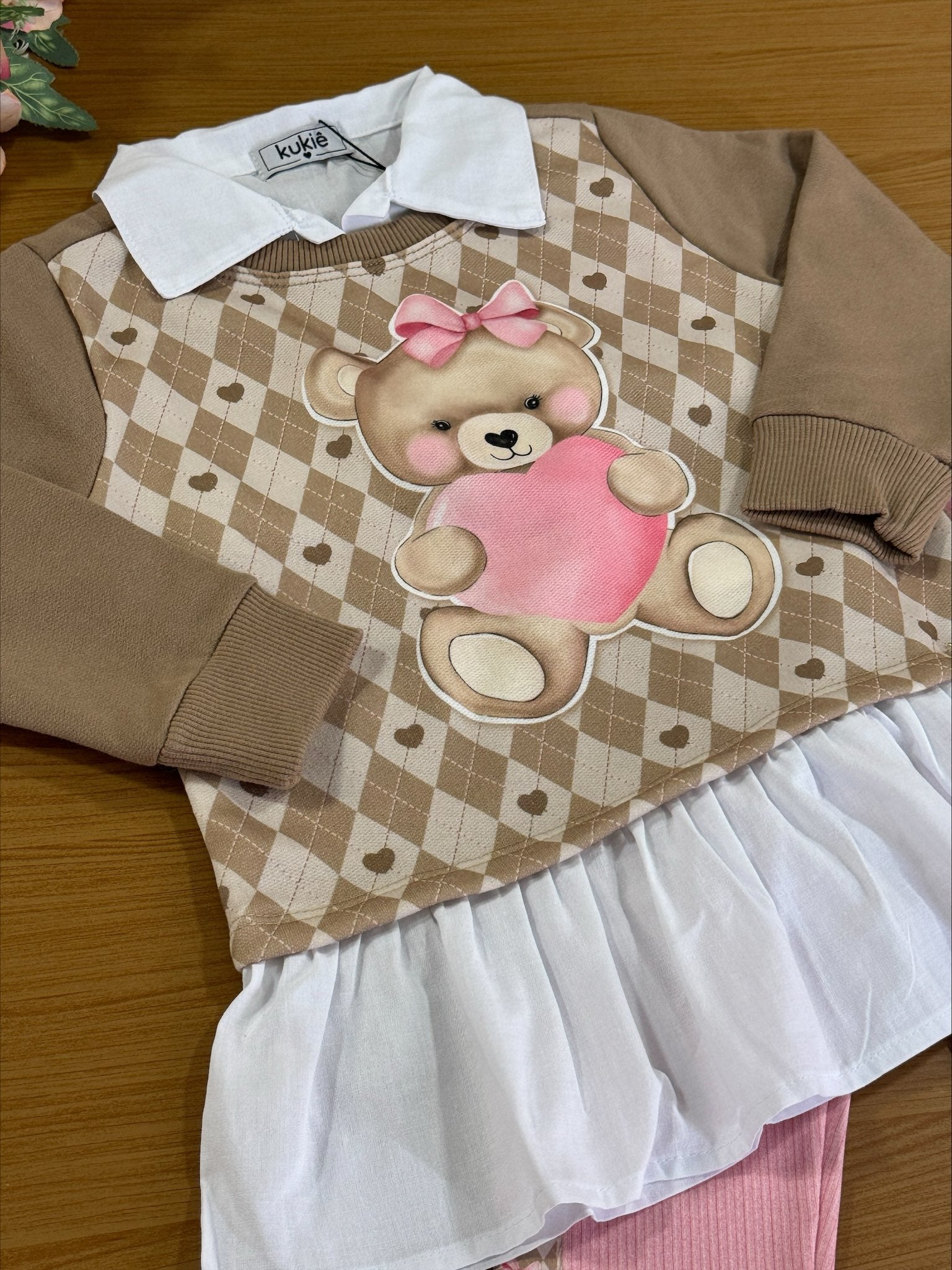 Conjunto Infantil Kukie Inverno Calça Rosa e Moletom Peluciado Ursinha