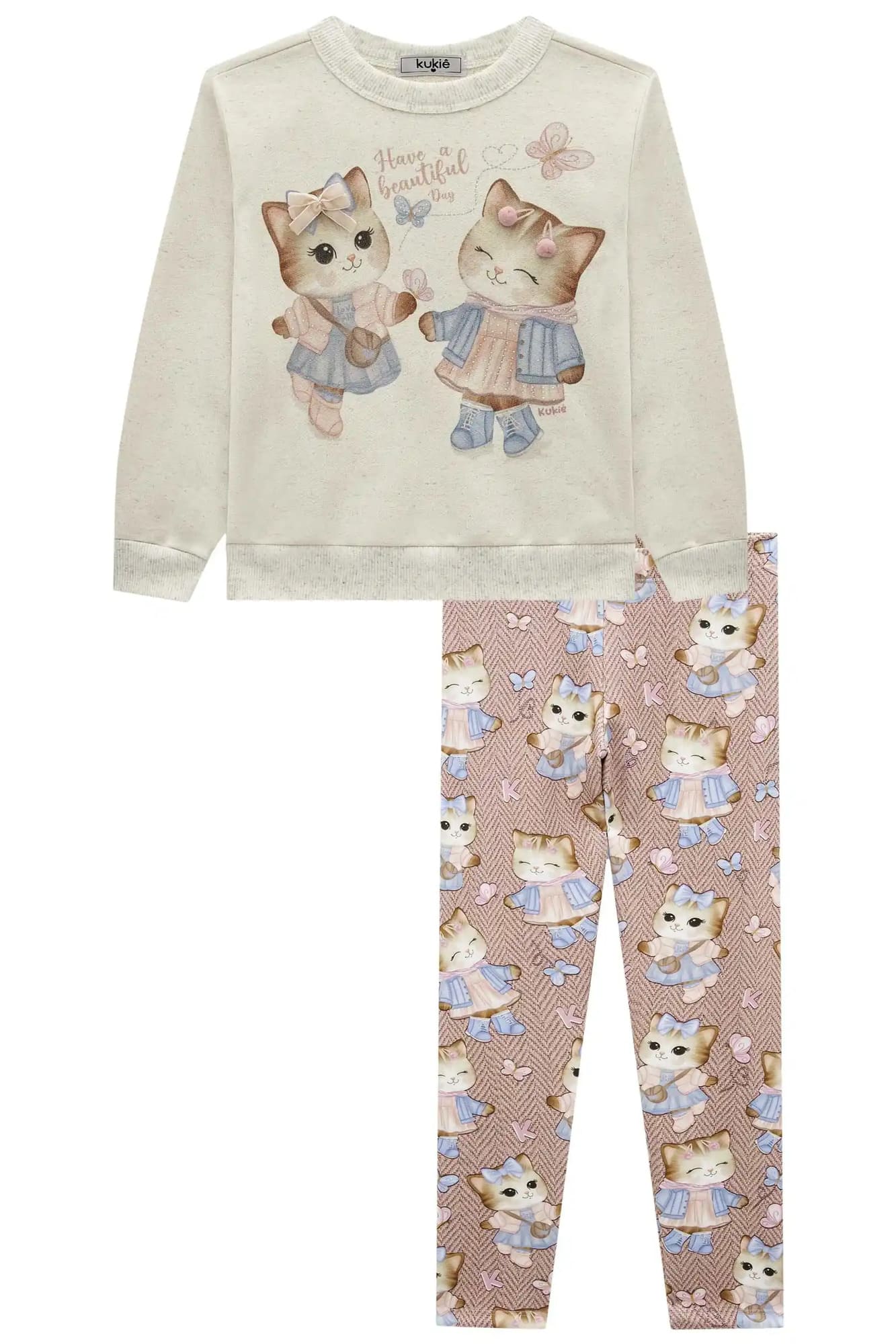 Conjunto Infantil Kukiê Inverno com Calça Legging e Casaco Off White Gatinhas