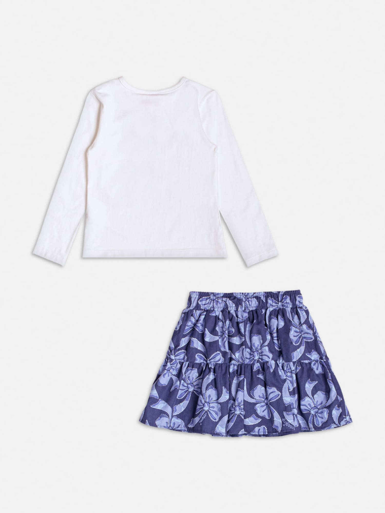 Conjunto Infantil Momi Inverno com Saia Azul e Blusa Branca Lacinho