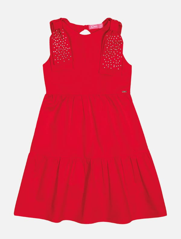 Vestido Infantil Cinti Verão Vermelho com Laços Strass Natal