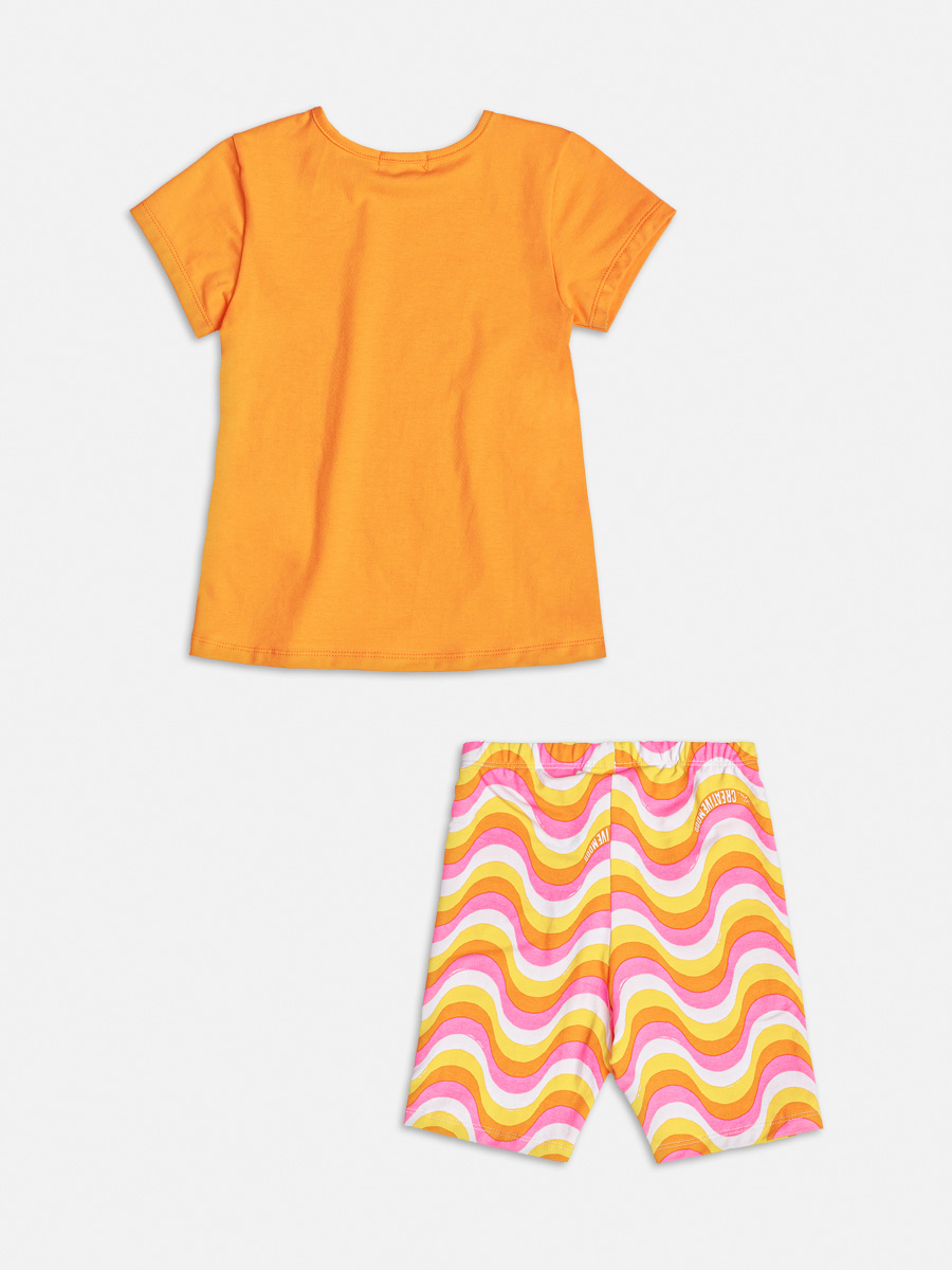 Conjunto Infantil Momi Verão Shorts Ciclista Ondas e Blusa Laranja Friends