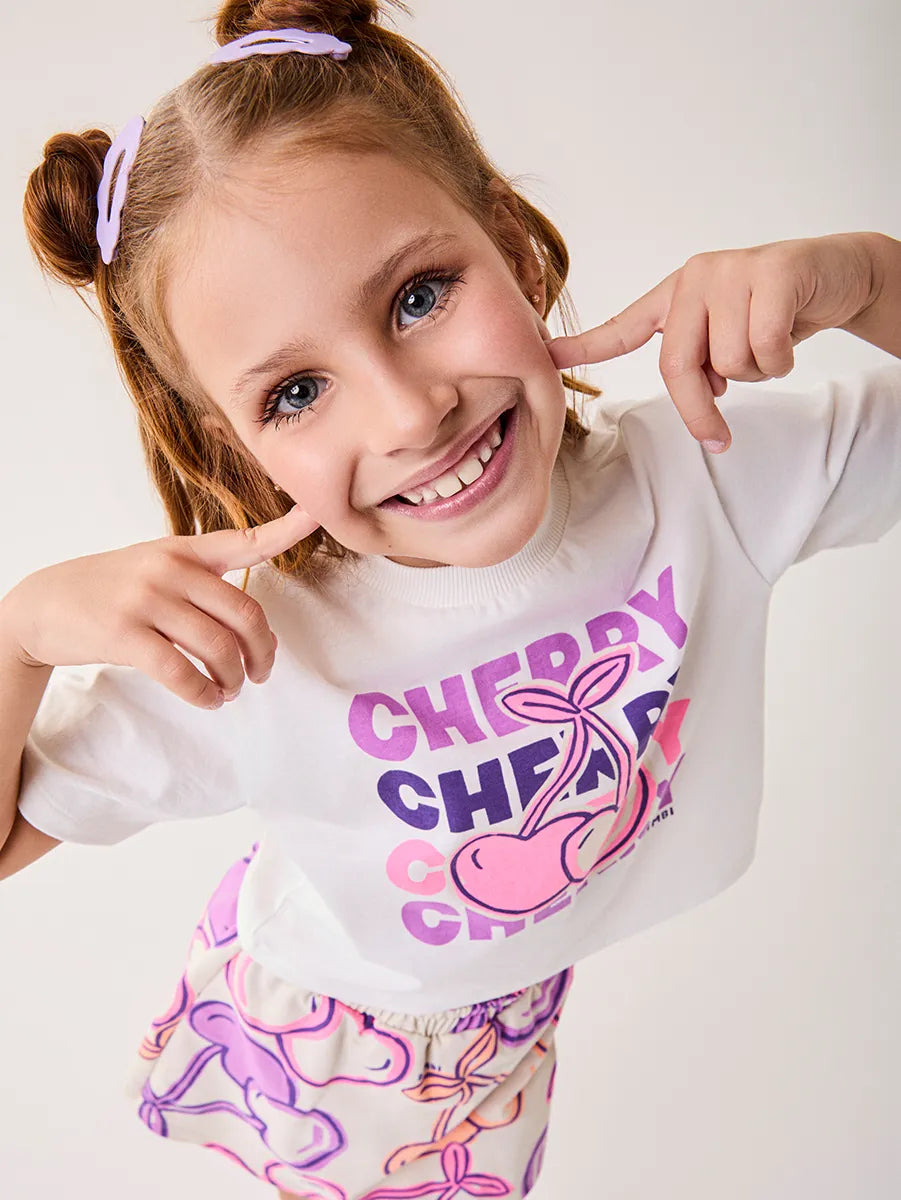 Conjunto Infantil Bimbi Inverno com Shorts Saia e Blusa Manga Curta Cherry