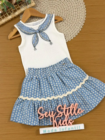 Conjunto Infantil Menina Momi Saia Laise Azul e Blusa Lacinho