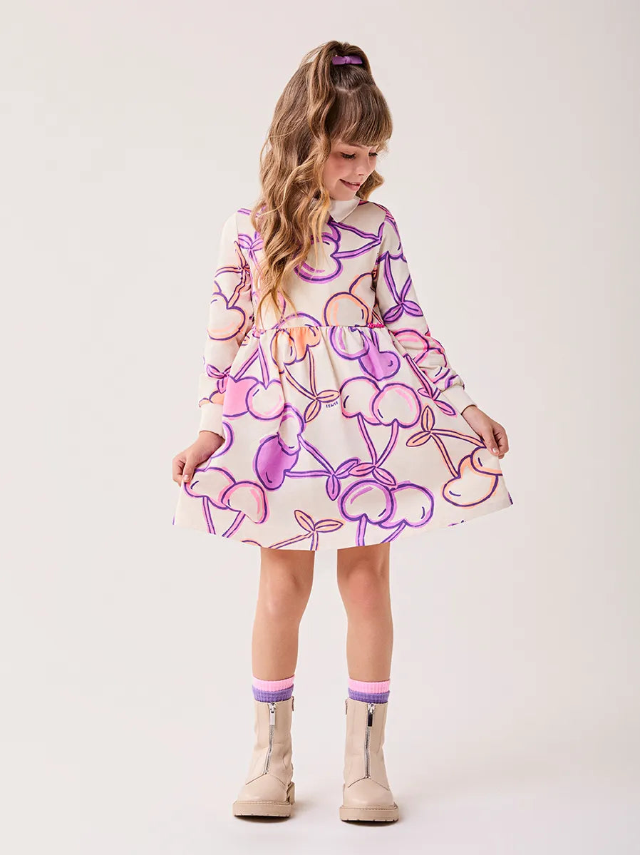 Vestido Infantil Bimbi Inverno Manga Longa Branco Cereja