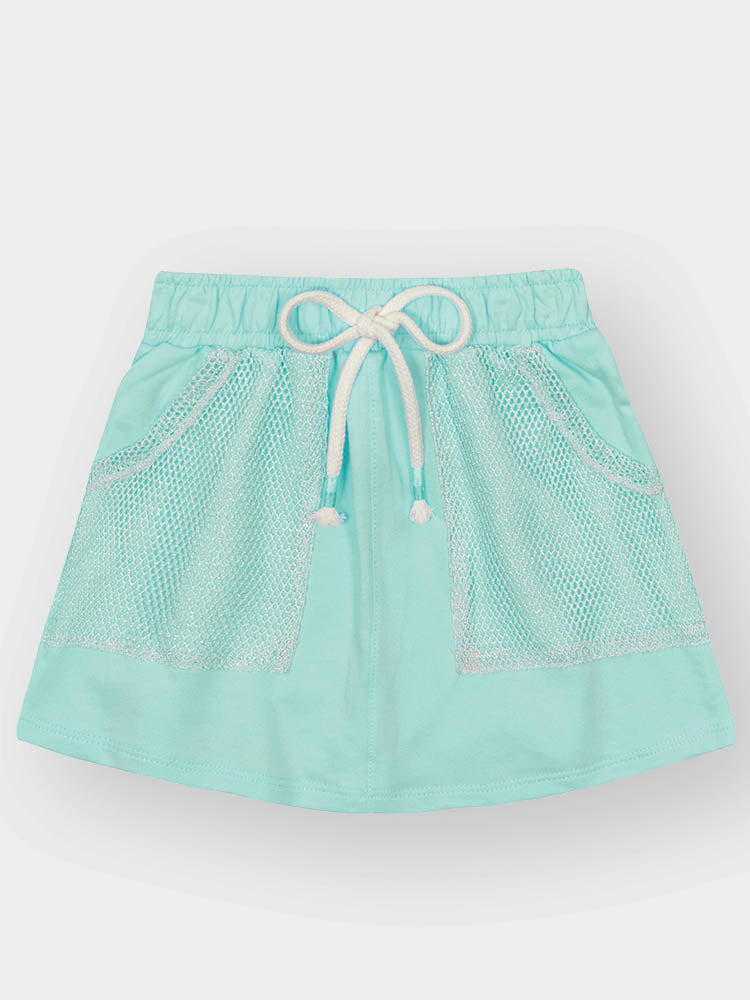 Conjunto Infantil Cinti Verão com Short-Saia, Blusa e Sobreposição em Tela Azul Enjoy