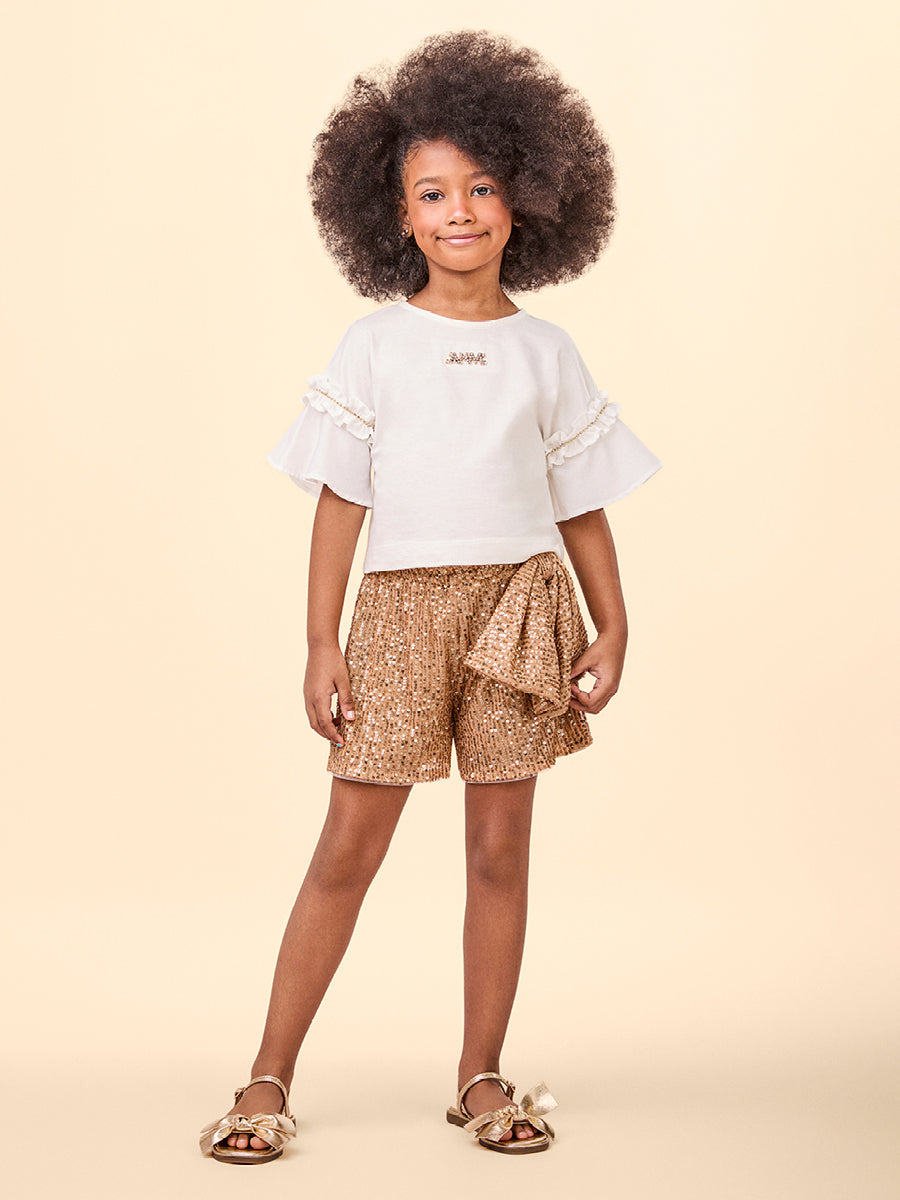 Conjunto Infantil Animê Verão Blusa Off White e Shorts Marrom Paetê Laço