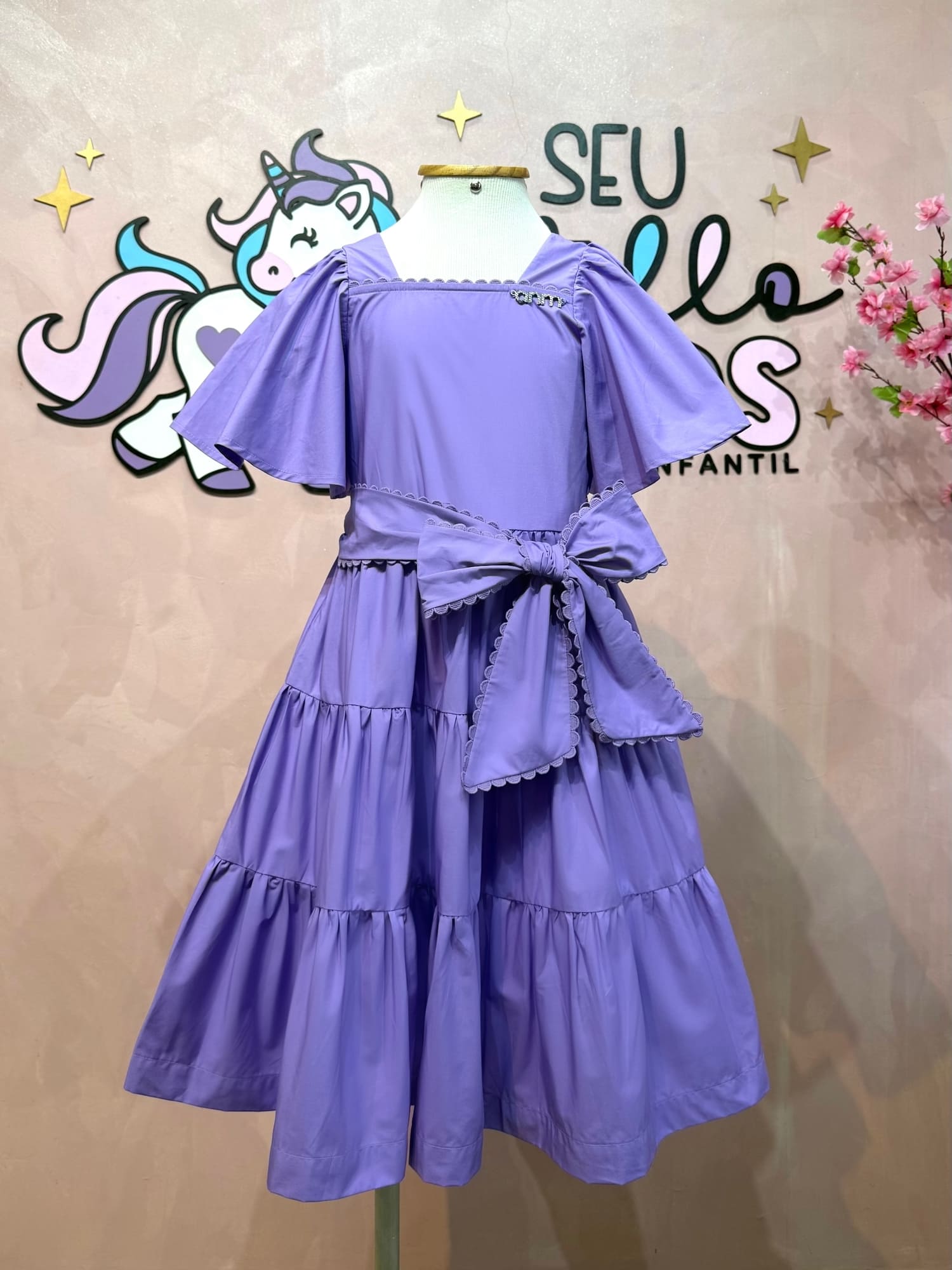 Vestido Infantil Animê Verão Lilás com Laço