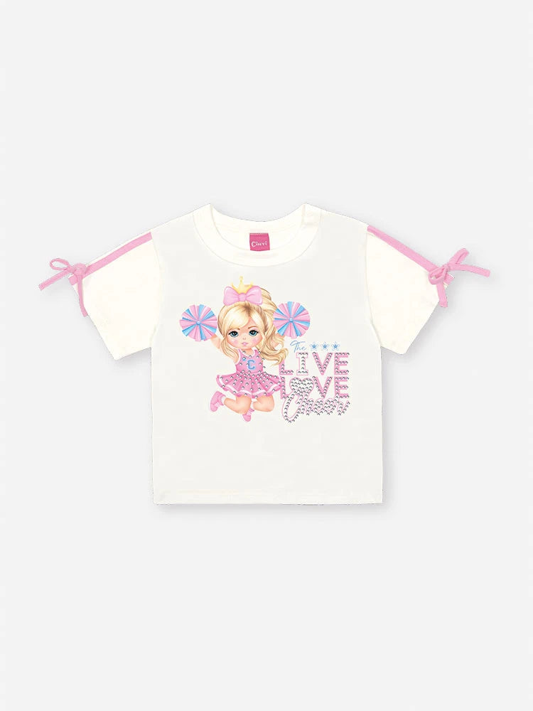 Conjunto Infantil Cinti Verão com Saia Rosa Holografica e Blusa Líder de Torcida