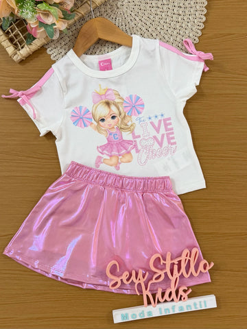 Conjunto Infantil Cinti Verão com Saia Rosa Holografica e Blusa Líder de Torcida