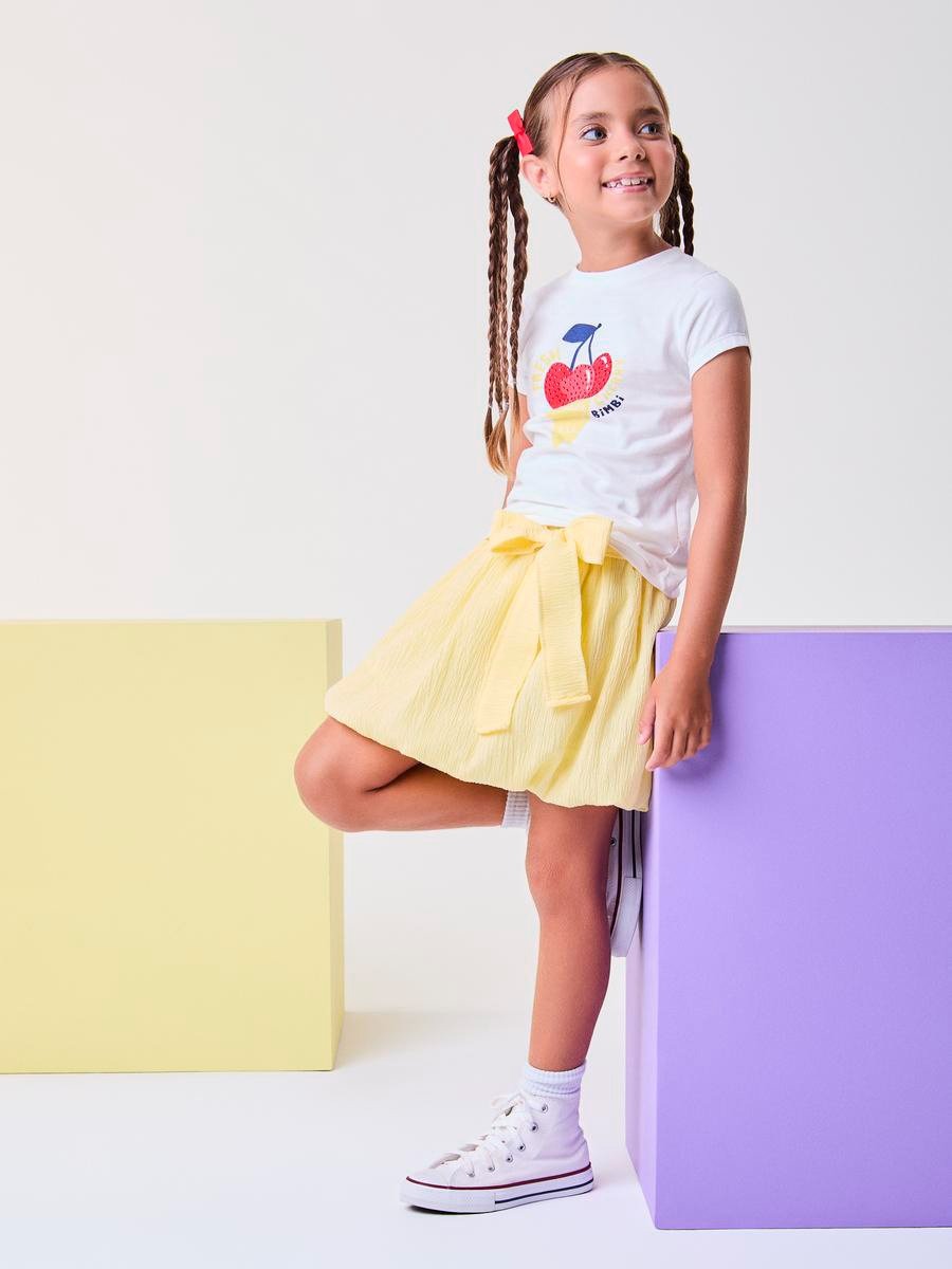 Conjunto Infantil Bimbi Verão com Saia Balonê Amarela e Blusa Branca Sorvetinho