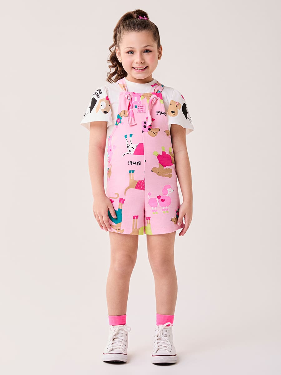 Jardineira Infantil Bimbi Inverno Rosa Cachorrinhos