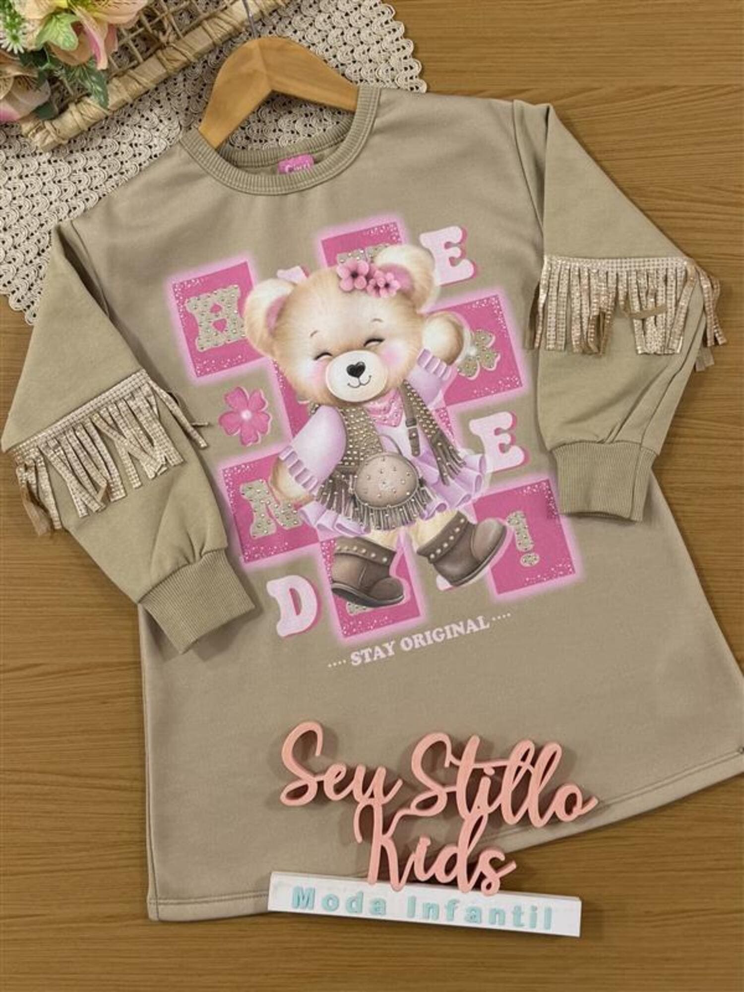 Vestido Infantil Cinti Inverno Flanelado Bege Ursinha Fashion