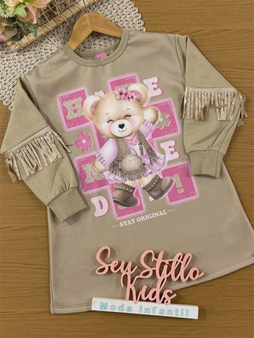 Vestido Infantil Cinti Inverno Flanelado Bege Ursinha Fashion