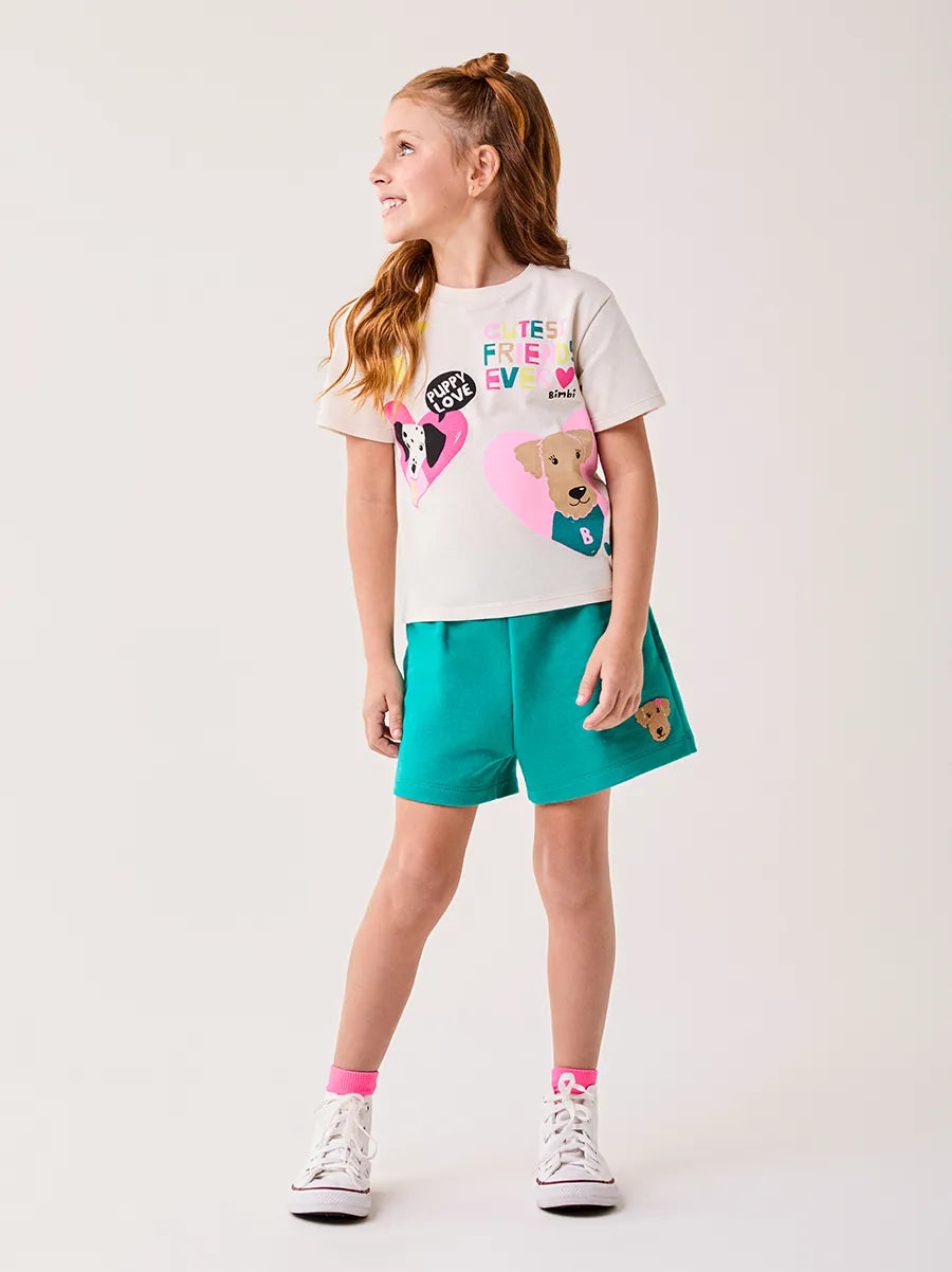 Conjunto Infantil Bimbi Inverno com Shorts Verde e Blusa Manga Curta Bege Dog Love