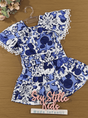 Conjunto Infantil Animê Verão Saia e Blusa Azul Minnie e Mickey Disney