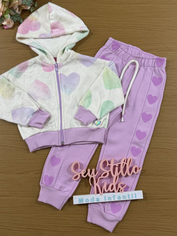 Conjunto Infantil Cinti Inverno Calça Lilás e Jaqueta Fleece Coração