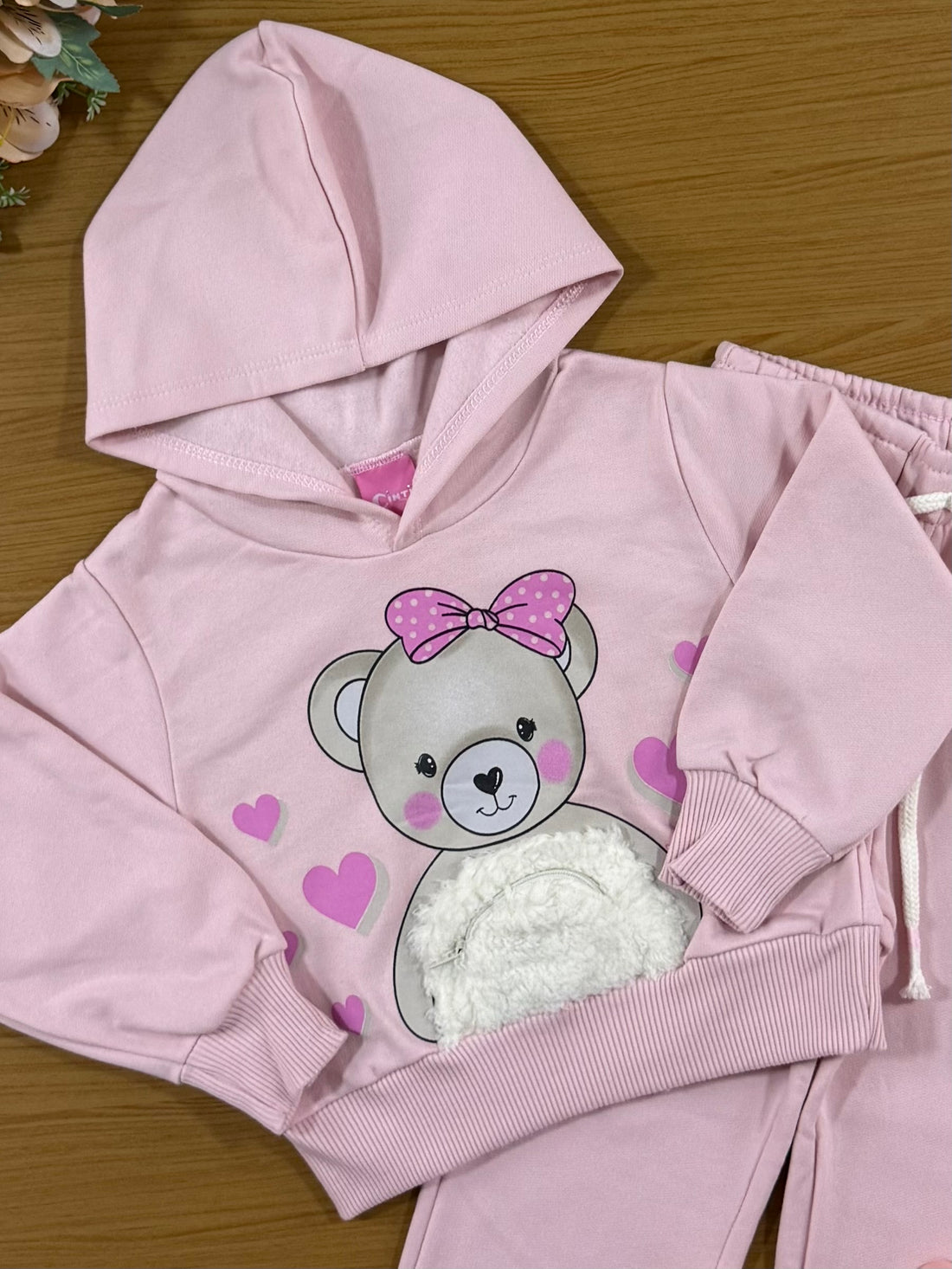 Conjunto Infantil Cinti Inverno Calça e Moletom Flanelado Rosa Ursinha com Bolso