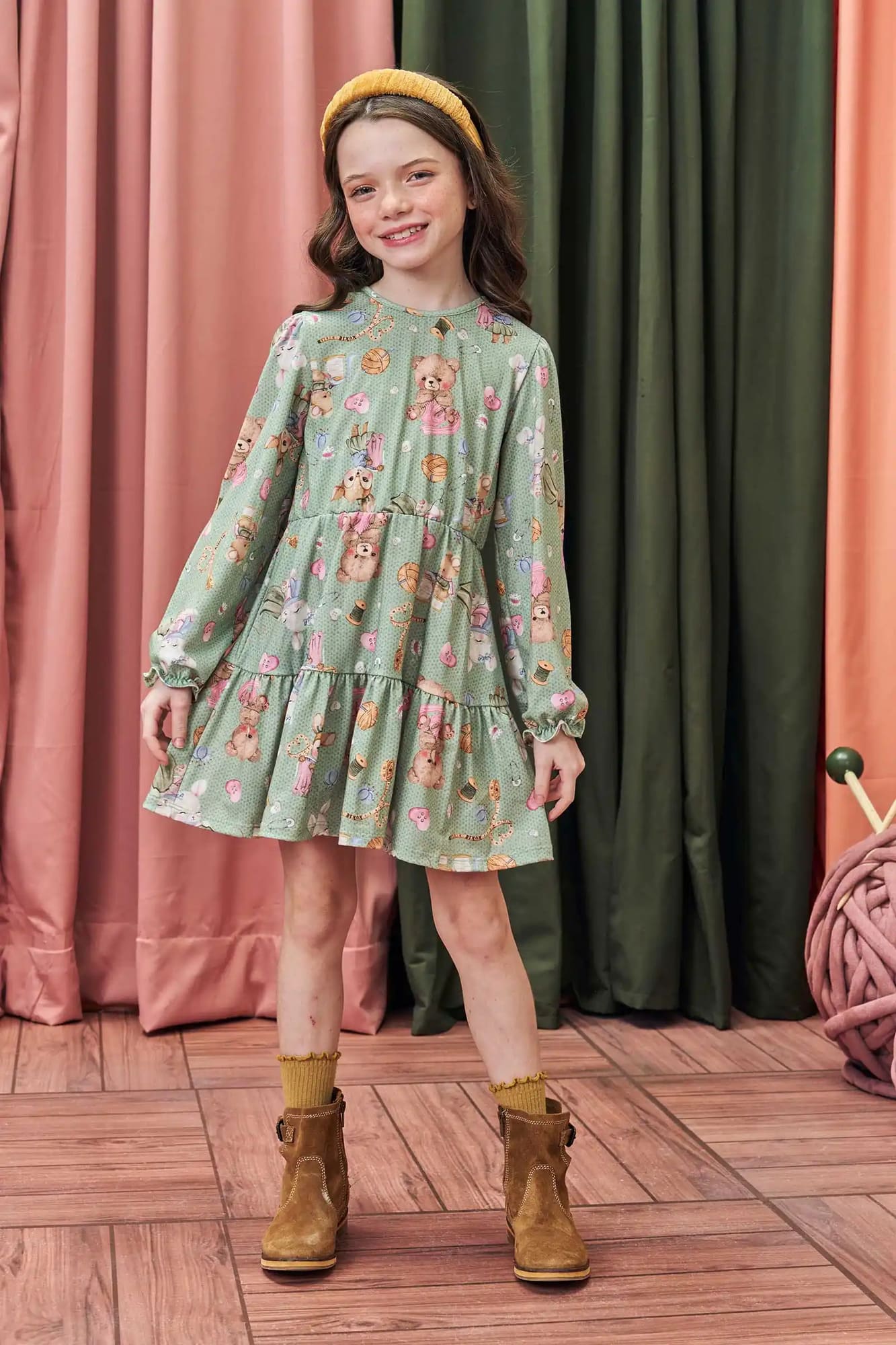 Vestido Infantil Kukiê Alecrim Inverno Verde Animais